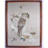 A RARE 19TH CENTURY CHINESE SILK WORK PANEL OF AN OWL modelled perched upon a tree stump. Silk 64 cm