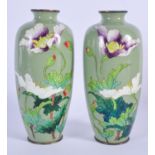A BOXED PAIR OF EARLY 20TH CENTURY JAPANESE MEIJI PERIOD CLOISONNE ENAMEL VASES decorated with flowe