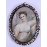 A MID 19TH CENTURY FRENCH PAINTED IVORY WATERCOLOUR within a jewelled frame. 9.5 cm x 12 cm.