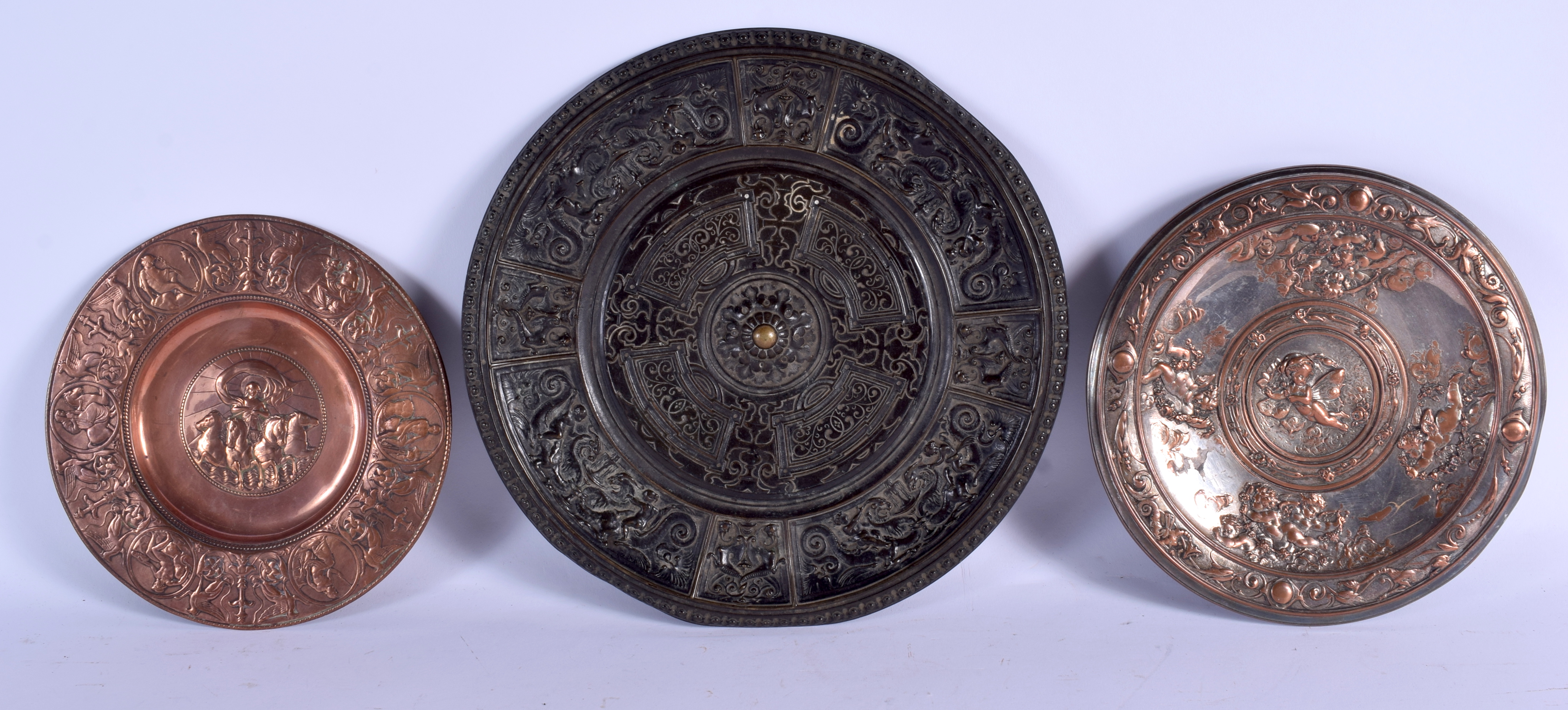 A 19TH CENTURY ELKINGTON & CO CIRCULAR CLASSICAL DISH together with two similar dishes. Largest 28 c