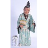 A LARGE 19TH CENTURY JAPANESE MEIJI PERIOD PAINTED TERRACOTTA FIGURE modelled holding a fan. 46 cm x