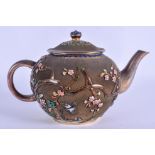 A RARE EARLY 20TH CENTURY SILVER AND ENAMEL TEAPOT AND COVER Qing/Republic, overlaid with birds amon