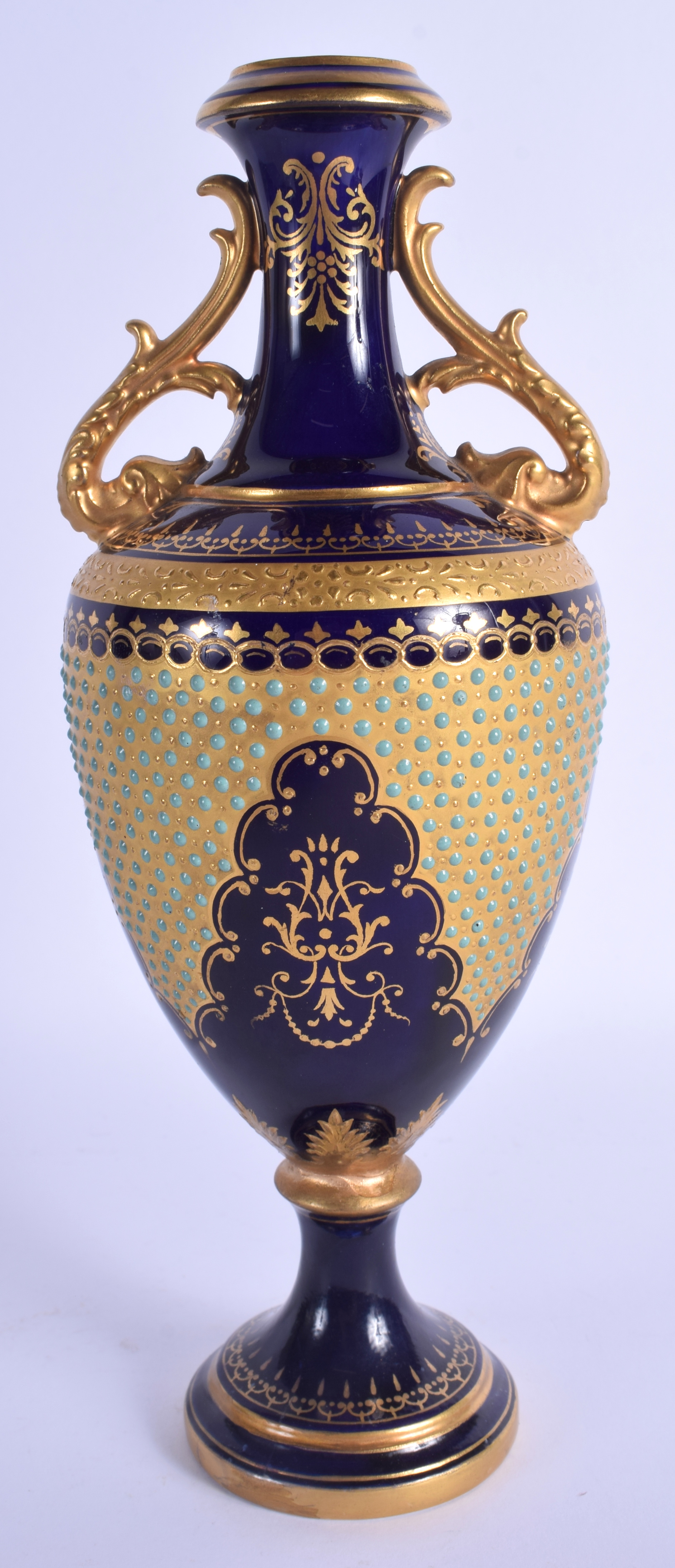 A 19TH CENTURY COALPORT TWIN HANDLED PORCELAIN VASE jewelled with turquoise sprays. 24 cm x 7 cm. - Image 3 of 6