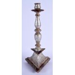 A 19TH CENTURY ITALIAN SILVERED TRIANGULAR CANDLESTICK. 35 cm high.