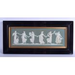A RARE LARGE WEDGWOOD GREEN BASALT JASPER WARE RECTANGULAR PANEL decorated in the neo classical mann