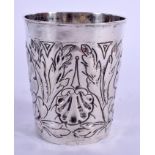 AN 18TH CENTURY CONTINENTAL SILVER BEAKER decorated with foliage. 3.1 oz. 9 cm x 7 cm.