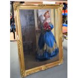 A LARGE ANTIQUE CONTINENTAL OIL ON CANVAS Girl with flowers. 125 cm x 86 cm