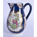 AN 18TH CENTURY WORCESTER SPARROW BEAK JUG painted with exotic birds upon a blue ground. 11.5 cm hig