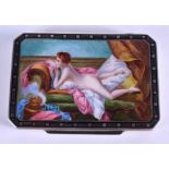 AN ART DECO SILVER AND ENAMEL RECTANGULAR SNUFF BOX painted with a nude female upon a chaise lounge.