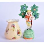 A ROYAL WORCESTER BLUSH IVORY CRIMPED VASE together with a Walton style figure. 9 cm & 16 cm high. (