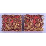 A PAIR OF 18TH CENTURY CHINESE RED LACQUER PLAQUES Qing, carved with figures within landscapes. 13 c