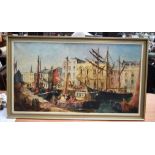 A FRAMED CONTINENTAL OIL ON CANVAS Cornish Harbour scene, signed Terry Burke. 49 cm x 90 cm.