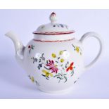 AN 18TH CENTURY BRISTOL TEAPOT AND COVER painted with flowers, under a chain link border. 16 cm wide