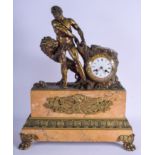 A LARGE 19TH CENTURY CONTINENTAL BRONZE AND SIENNA MARBLE MANTEL CLOCK formed as a bearded male besi
