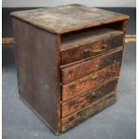 AN ANTIQUE WATCH CLOCK MAKERS FIVE DRAWER CHEST opening to reveal hundreds of crystal glass covers.