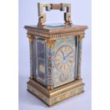 A FINE 19TH CENTURY FRENCH AESTHETIC MOVEMENT CHAMPLEVE ENAMEL REPEATING CARRIAGE CLOCK decorated wi