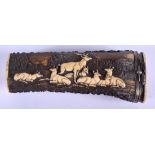 A 19TH CENTURY BAVARIAN BLACK FOREST CARVED STAG ANTLER AND BONE BOX decorated with deer within land