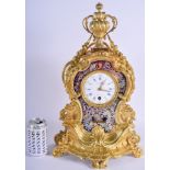 A LARGE LATE 19TH CENTURY FRENCH GILT BRASS CHAMPLEVE ENAMEL MANTEL CLOCK Pendule 400 Jours, decorat