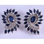 A PAIR OF 18CT WHITE GOLD AND SAPPHIRE DIAMOND EARRINGS. 7.6 grams.