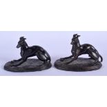 A PAIR OF ANTIQUE SPELTER FIGURES OF HOUNDS After P J Mene. 13 cm x 10 cm.