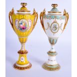 A LOVELY PAIR OF ROYAL CROWN DERBY TWIN HANDLED VASES AND COVERS one painted by Cuthbert Gresley, mo