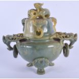 AN EARLY 20TH CENTURY CHINESE TWIN HANDLED JADE CENSER AND COVER with buddhistic mask heads. 18 cm x