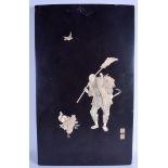 A 19TH CENTURY JAPANESE MEIJI PERIOD BLACK LACQUER AND IVORY SHIBAYAMA PANEL depicting a father and