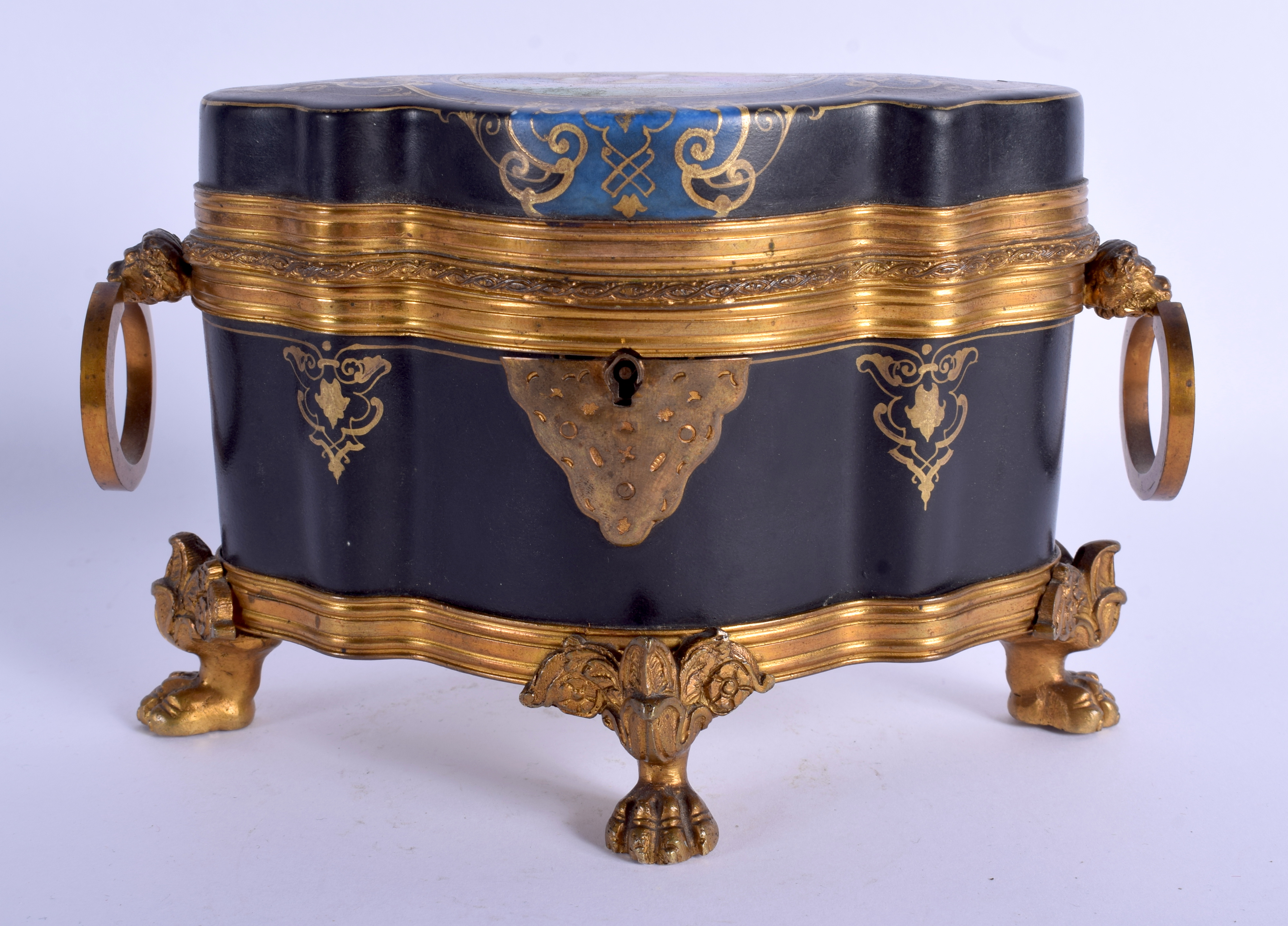 A RARE EARLY 19TH CENTURY FRENCH PORCELAIN AND BRONZE CASKET painted with two young lovers within a