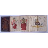 A 19TH CENTURY THAI BUDDHISTIC WATERCOLOUR FOLDING BOOKLET with carved wood mounts. Each image 19 cm