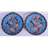 A PAIR OF 19TH CENTURY JAPANESE MEIJI PERIOD CLOISONNE ENAMEL DISHES depicting birds amongst foliage