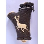 A 19TH CENTURY BAVARIAN BLACK FOREST CARVED IVORY AND ANTLER HORN PIPE with silver mounts, decorated
