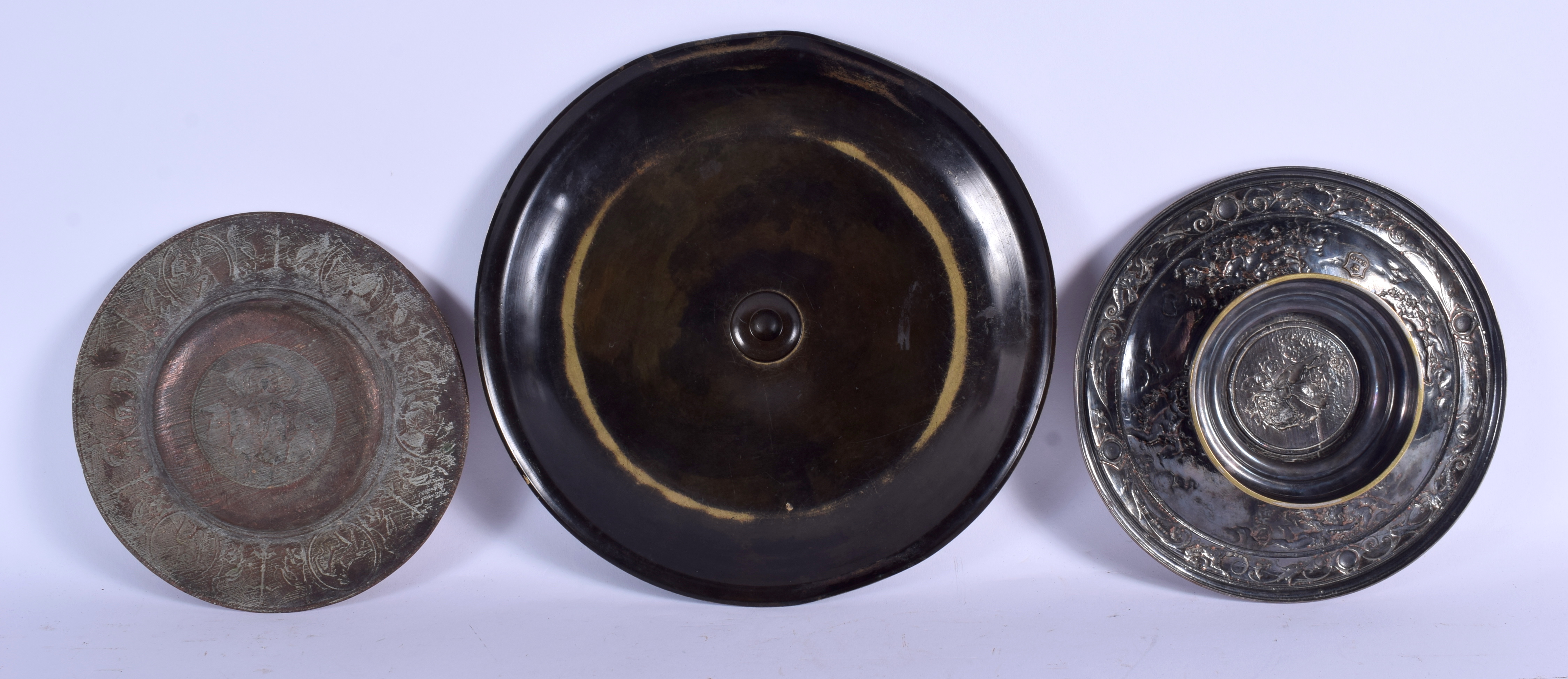 A 19TH CENTURY ELKINGTON & CO CIRCULAR CLASSICAL DISH together with two similar dishes. Largest 28 c - Image 2 of 2