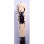A 19TH CENTURY SILVER MOUNTED CARVED IVORY SHIBAYAMA INSECT WALKING CANE formed with roaming beetles