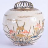 A 19TH CENTURY JAPANESE IMPERIAL SATSUMA CENSER AND COVER painted with insects and foliage. 9.5 cm w