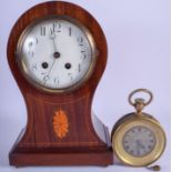 AN EDWARDIAN BALLOON SHAPED MANTEL CLOCK together with a an antique French pull repeating bronze clo