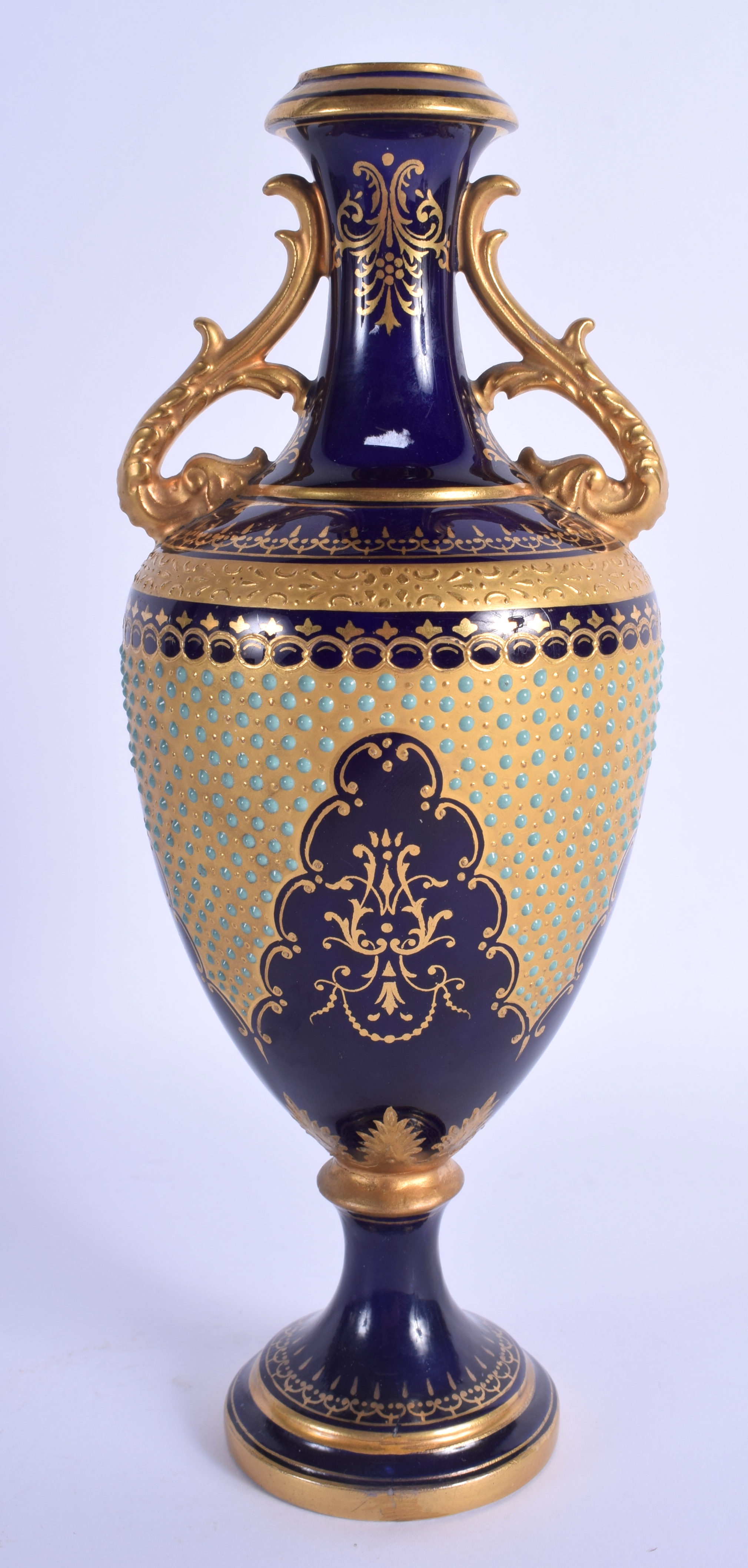 A 19TH CENTURY COALPORT TWIN HANDLED PORCELAIN VASE jewelled with turquoise sprays. 24 cm x 7 cm.