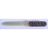 A FINE EARLY 20TH CENTURY RUSSIAN SILVER ENAMEL AND JADE LETTER OPENER decorated with foliage. 168 g