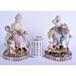 A LARGE PAIR OF 19TH CENTURY MEISSEN PORCELAIN FIGURES modelled as classical figures upon blue paint