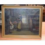 AN ANTIQUE OIL ON CANVAS John RSW, Mother and child within an interior. 44.5 cm x 34.5 cm