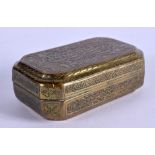A 19TH CENTURY MIDDLE EASTERN ISLAMIC BRASS SNUFF BOX decorated with kufic script. 9 cm x 6 cm.