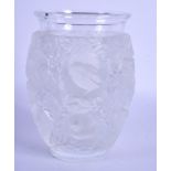 A RARE ART DECO FRENCH LALIQUE GLASS VASE decorated with birds. 17 cm x 11 cm.