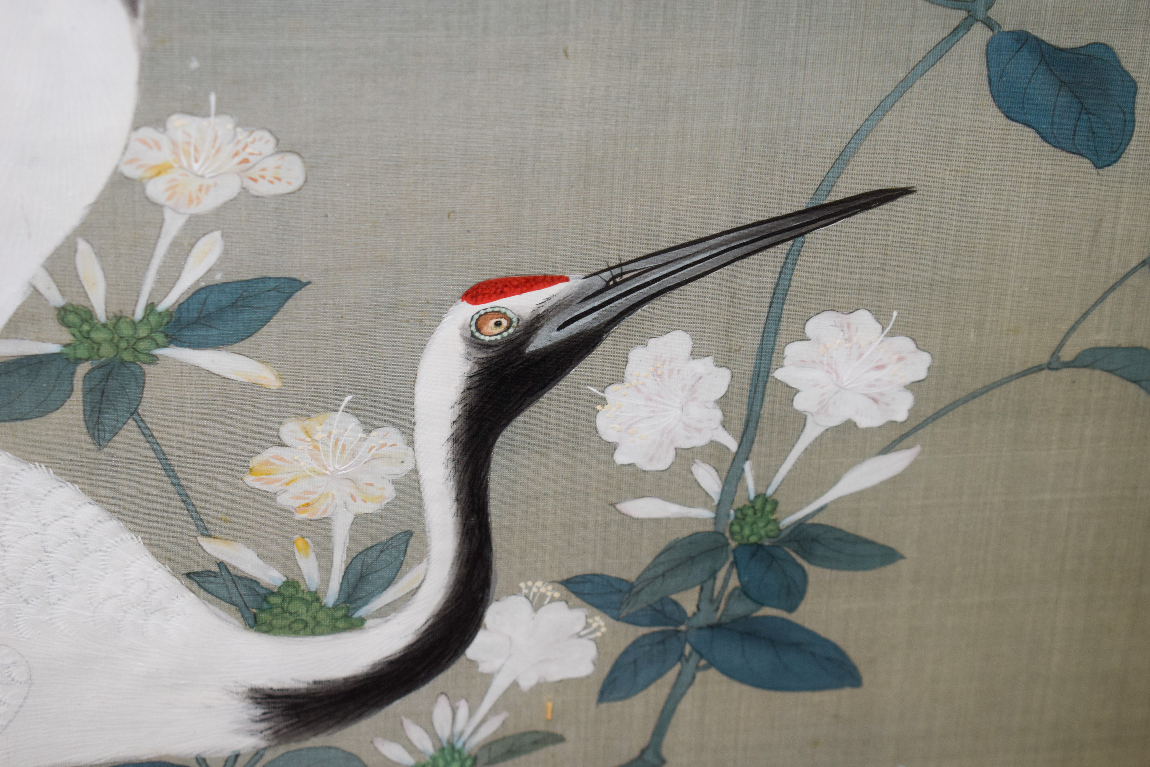 A 19TH CENTURY JAPANESE MEIJI PERIOD THREE PANEL SILKWORK SCREEN painted with birds within a landsca - Image 16 of 27