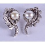 A PAIR OF 14CT GOLD AND PEARL DIAMOND EARRINGS. 7.7 grams.