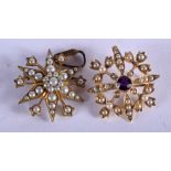 AN ANTIQUE 9CT GOLD AND AMETHYST STAR BROOCH together with a similar pendant. 7.4 grams. (2)