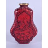 A RARE 19TH CENTURY CHINESE RED LACQUERED SNUFF BOTTLE Qing, painted with landscapes. 6 cm high.