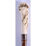 A 19TH CENTURY CONTINENTAL CARVED IVORY LOCUST AND INSECT WALKING CANE with silver ferrel. 86 cm lon