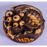 A GOOD 18TH CENTURY JAPANESE EDO PERIOD CARVED IVORY NETSUKE formed as a tortoise amongst fruit. 4 c