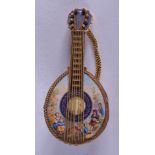 A FINE 19TH CENTURY SWISS EUROPEAN 18CT GOLD AND ENAMEL WATCH in the form of a mandolin. 29.3 grams.