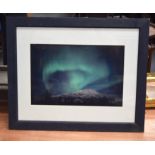 A FRAMED SILVER TINT LITHOGRAPH PRINT Northern lights inspired. 25 cm x 37.5 cm.
