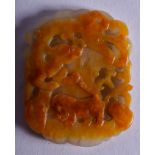 AN EARLY 20TH CENTURY CHINESE CARVED GREEN JADE TABLET Qing, with russet front depicting a stylised